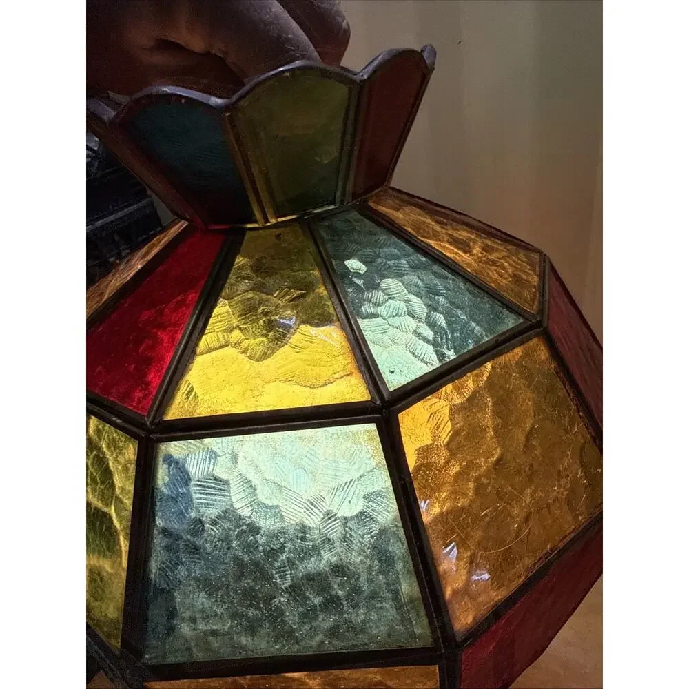 1970s VTG Multi- Color Panel Swag Stained Glass Hanging Swag Ceiling Lamp Shade